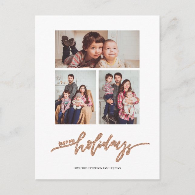 Rosegold Glitter jul 3 Photo Collage Helgdag Vykort (Framsida)