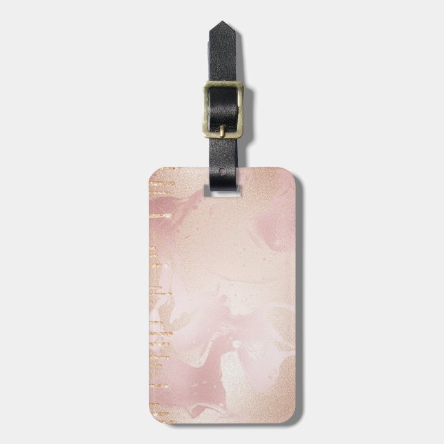 Rosegold  Marble med droplet Guld Glitter Bagagebricka (Vertikal Framsida)