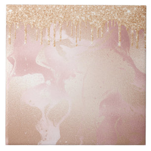 Rosegold Marble med droplet Guld Glitter Kakelplatta