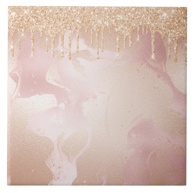Rosegold  Marble med droplet Guld Glitter Kakelplatta (Framsidan)