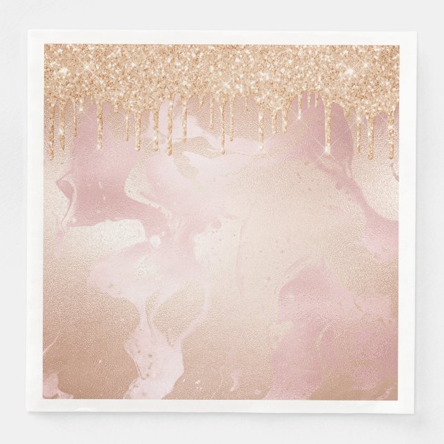 Rosegold  Marble med droplet Guld Glitter Pappersservett (Framsida)