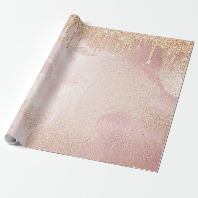 Rosegold  Marble med droplet Guld Glitter Presentpapper (Utrullad)