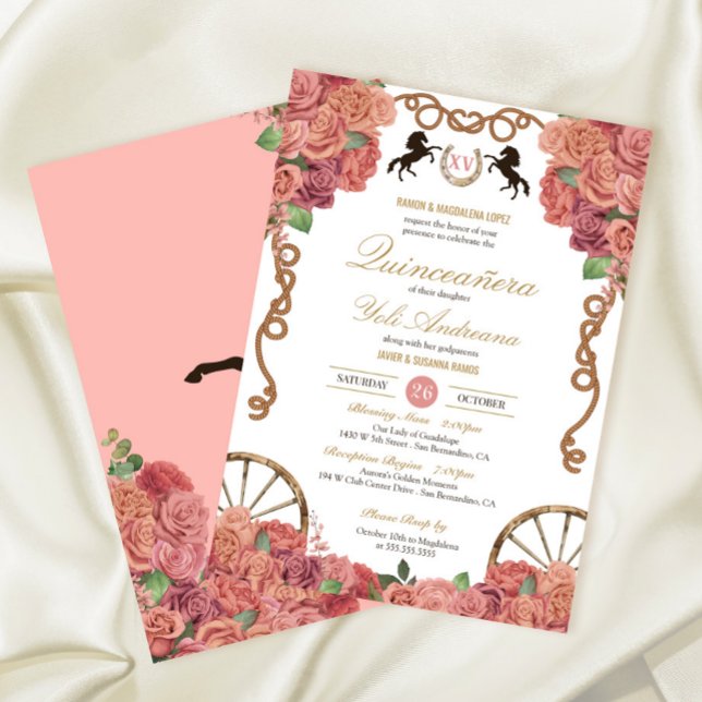Rosegold  Rosa ros Charro Ranch Quinceañera Inbjudningar (Skapare uppladdad)