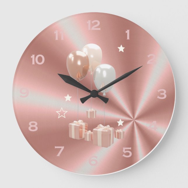 Rosegold Silver Rosa Ballons ger Girly Cute Stor Klocka (Framsida)