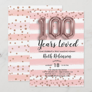 Roséguld Ballonger   100-års Födelsedagsinbjudan Inbjudningar