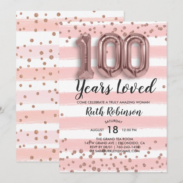 Roséguld Ballonger | 100-års Födelsedagsinbjudan Inbjudningar (Fram/baksida)