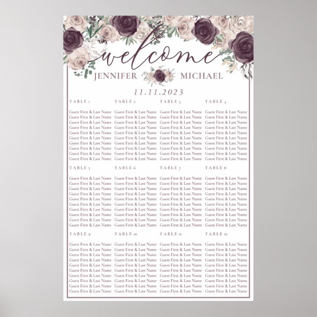 Roséguld Blommig Bröllops Sittlista Bordnummer Poster (Framsidan)