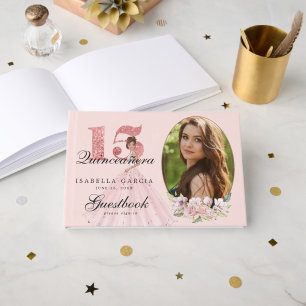 Roséguld Blommig & Foto Quinceañera Personlig Gästböcker