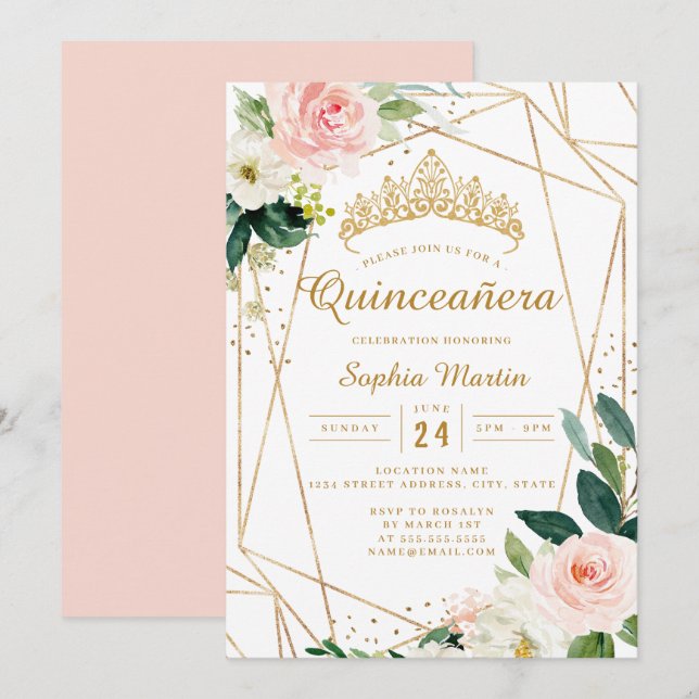 Roséguld Blommig Geometrisk Quinceanera  Inbjudningar (Fram/baksida)