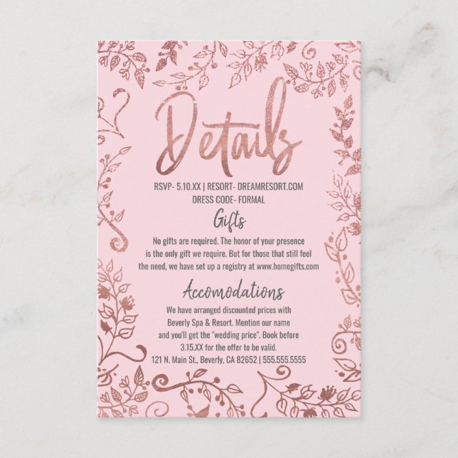 Roséguld Blommig Glitter Ombre Rosa Detaljer Tilläggskort (Framsida)