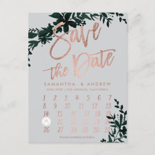 Roséguld blommig grön grå kalender save the date meddelande vykort