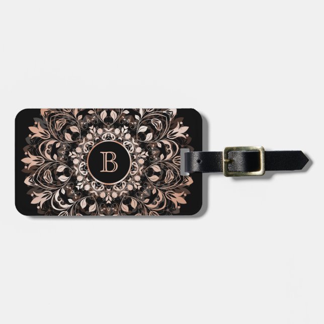 Roséguld Blommig Mandala Monogram Bagagebricka (Horisontell Framsida)