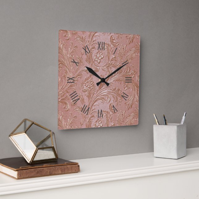 Roséguld blommönster fyrkantig klocka (Kontor)