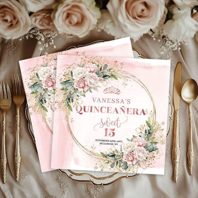Roséguld Blush Rosa Blommor Mis Quince Servetter (Blush Pink Rose Gold Flowers Mis Quince Napkins)