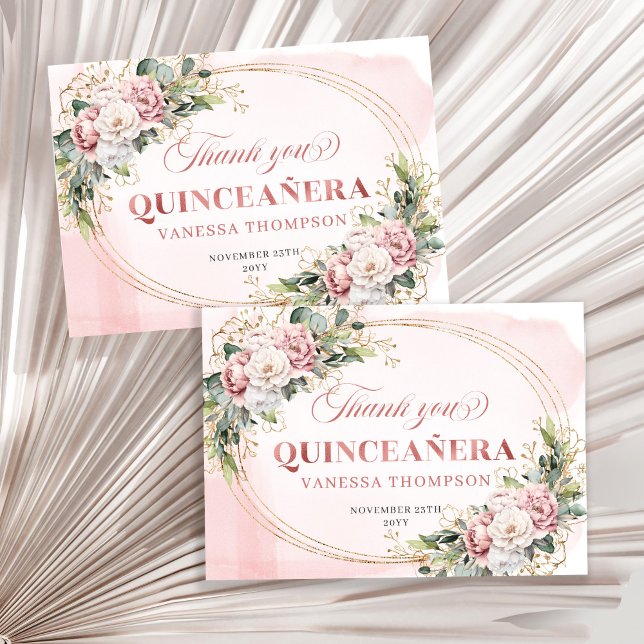 Roséguld Boho Rosa Blommig Quince Favor Kort (Blush Pink Boho Rose Gold Floral Quince Favor Thank You)