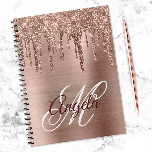 Roséguld Borstat Folie Glitter Dropp Fancy Monogra Anteckningsbok (Skapare uppladdad)
