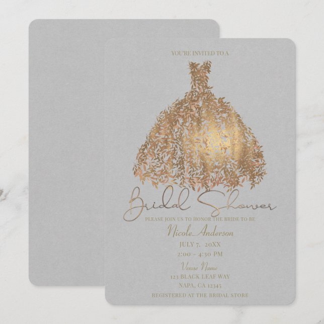 Roséguld botaniska blad Bröllopsduschklänning Inbjudningar (Fram/baksida)