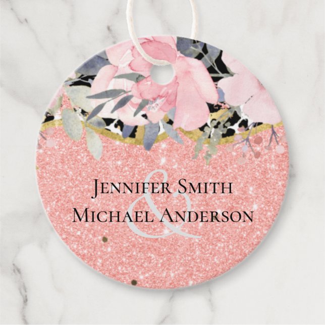 Roseguld BRöllop Rosa Blommig Glitter Glam Gåvor Etiketter (Framsida)