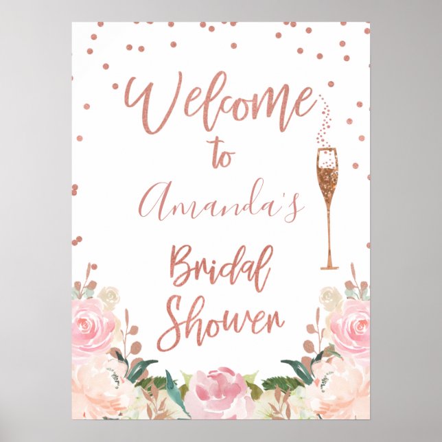 Roséguld Brunch Bubbly Bröllopsdusch Välkomstskylt Poster (Framsidan)