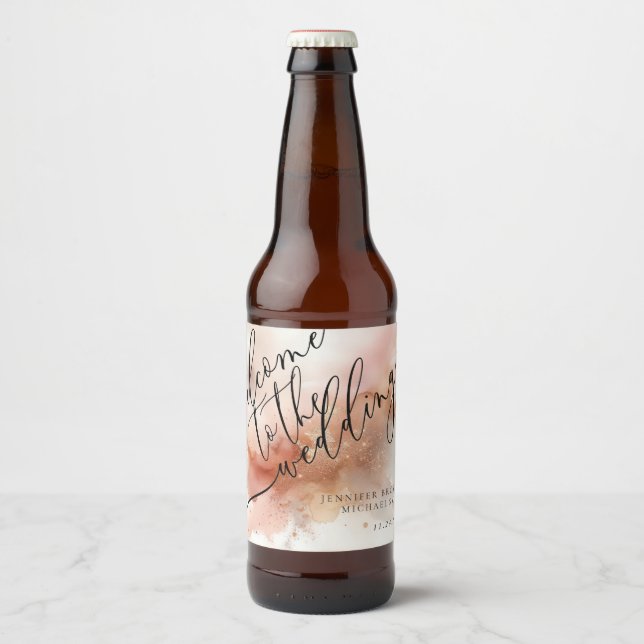 Roséguld Damm Vattenfärg Monogram Välkommen Bröllo Ölflaska Etikett (Framsida)