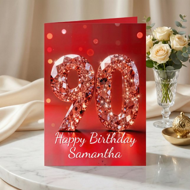Roséguld Diamant 90-årsdag Röd Glitter Kort (Skapare uppladdad)