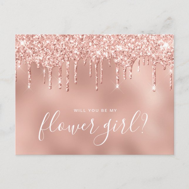 Roséguld dropar vill du vara min blomsterflicka inbjudan vykort (Framsida)
