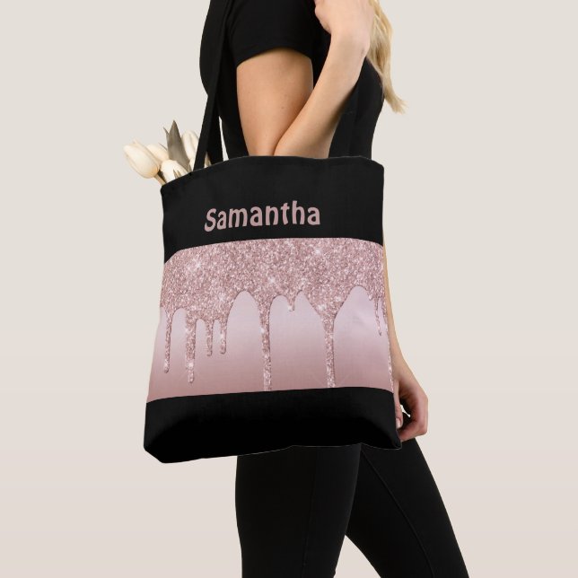 Roséguld droppande glitter rosa rodnad monogram tygkasse (Närbild)