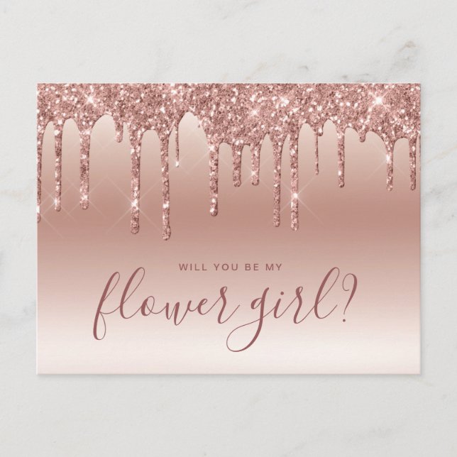 Roséguld droppar vill du vara min blomsterflicka inbjudan vykort (Framsida)