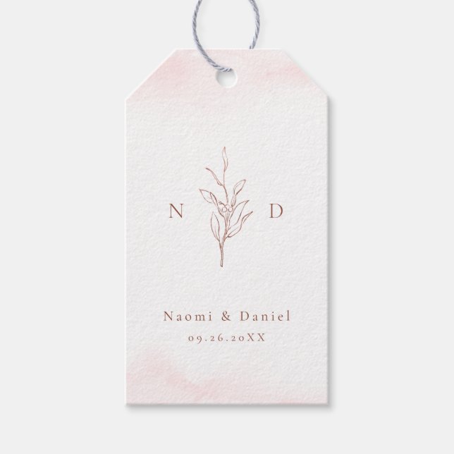 Roséguld enkla botaniska bladmonogram bröllop presentetikett (Framsidan)