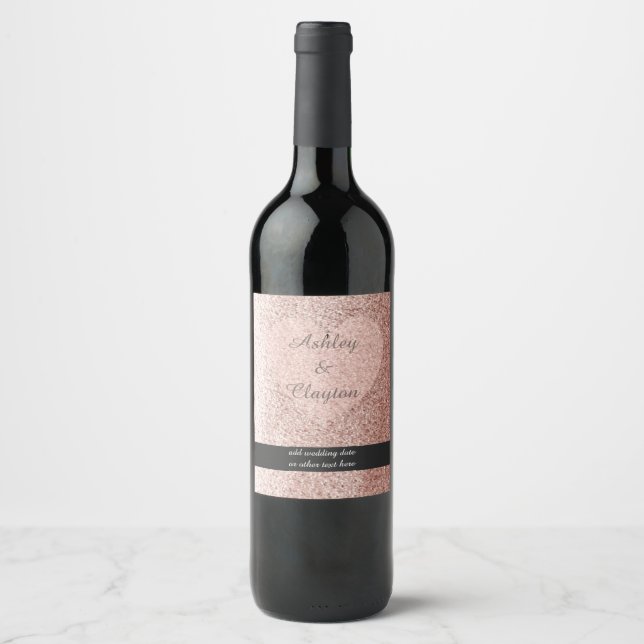 Roséguld Fals Glitter Hjarta Vinflaska Etikett (Framsida)