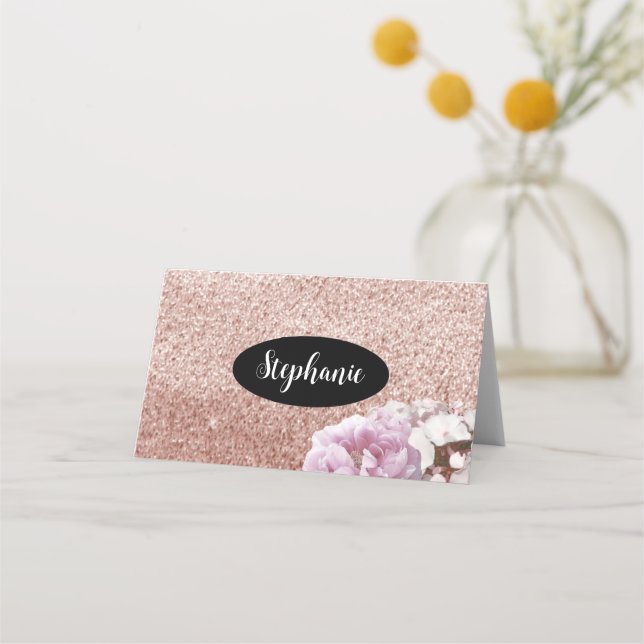Roséguld Fals Glitter Namnskylthållare Placeringskort (Framsida)