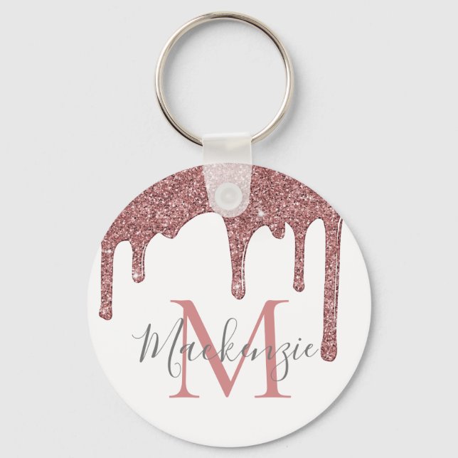 Roséguld Fals Glitterdropp på Vit Monogram Nyckelring (Framsida)