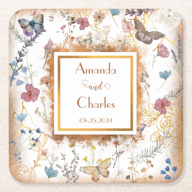 Roséguld Fjäril Trädgård Bröllop Underlägg Papper Kvadrat (Framsidan)