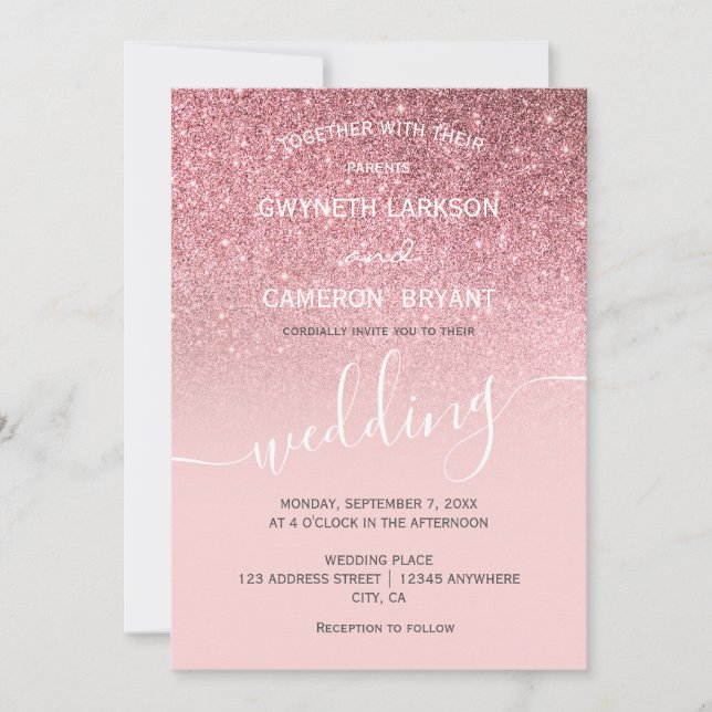 Roséguld flickaktig glitter modern skrift inbjudningar (Framsida)