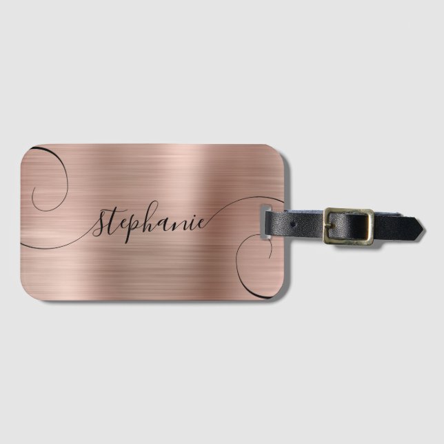Roséguld Folie Elegant Skript Lockigt Namn Bagagebricka (Framsida horisontal)
