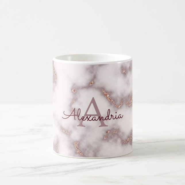 Roséguld Folie Glitter Rosa Marmor Namn Monogram Kaffemugg (Center)