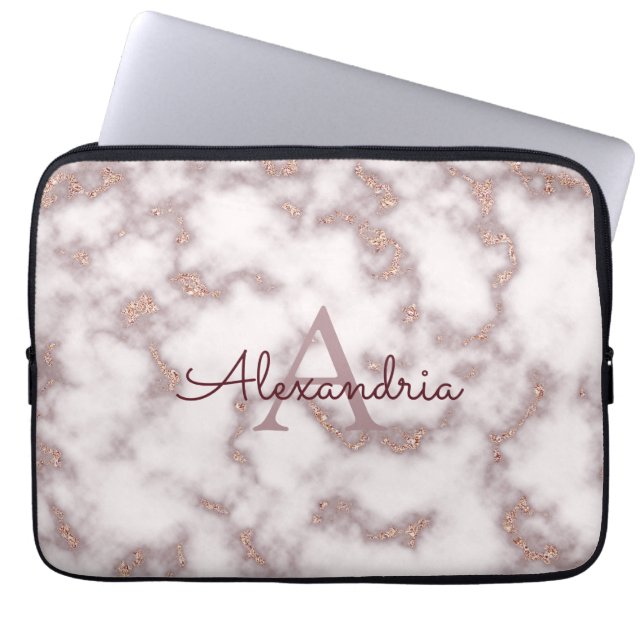 Roséguld Folie Glitter Rosa Marmor Namn Monogram Laptop Fodral (Framsidan)