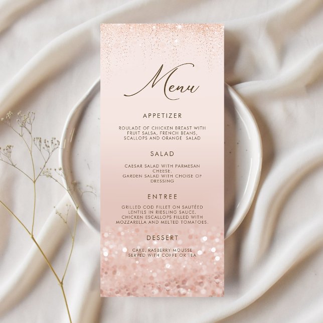 Roséguld glitter 70-års födelsedagsmeny Kort (Rose Gold Glitter 70th Birthday Menu Card)