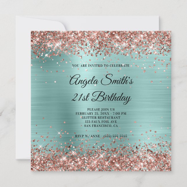 Roséguld glitter blek turkos Monogram Inbjudningar (Framsida)
