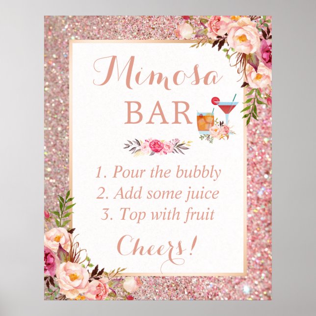 Roséguld glitter Blommig Bröllopsdusch Mimosa Bar Poster (Framsidan)
