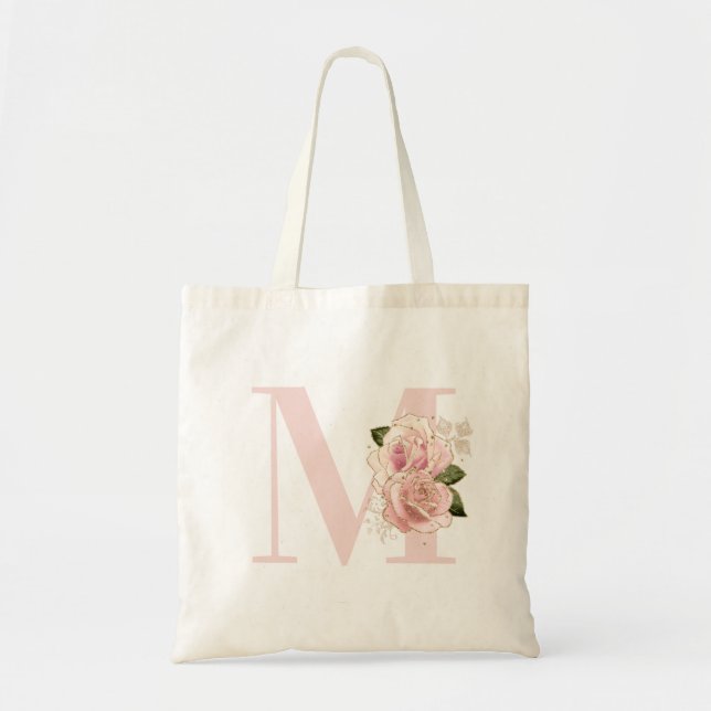 Roséguld glitter blommig monogram i pastellrosa tygkasse (Framsidan)