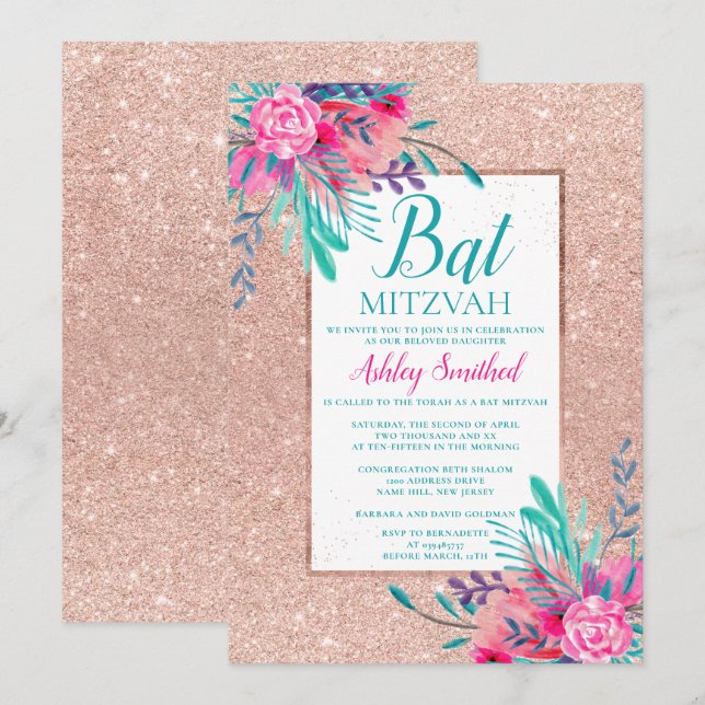Roséguld glitter blommig watercolor Bat Mitzvah Inbjudningar (Fram/baksida)