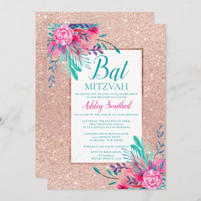 Roséguld glitter blomster vattenfärg Bat Mitzvah Inbjudningar (Fram/baksida)