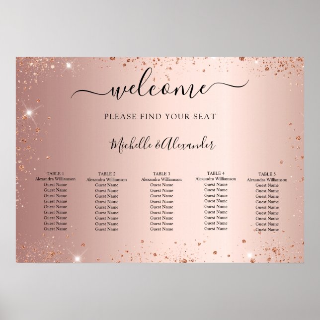 Roséguld glitter bröllopsplatskarta poster (Framsidan)
