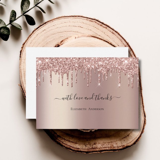 Roséguld Glitter Dropp Glam Trendig Bröllopsfest Tack Kort (Rose Gold Dripping glitter Bling Glam Bridal Shower Wedding thank you card)