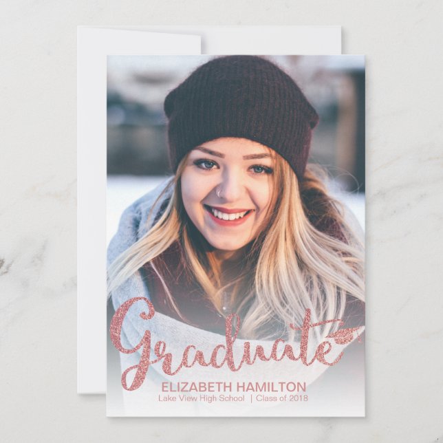 Roséguld Glitter Fotogradueringsinbjudan Meddelande (Framsida)