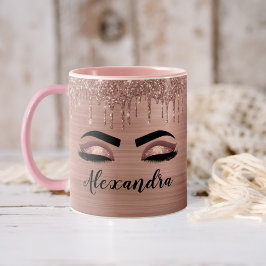 Roseguld Glitter Gnistra Ögonfransar Monogram Namn Två-Tonad Mugg