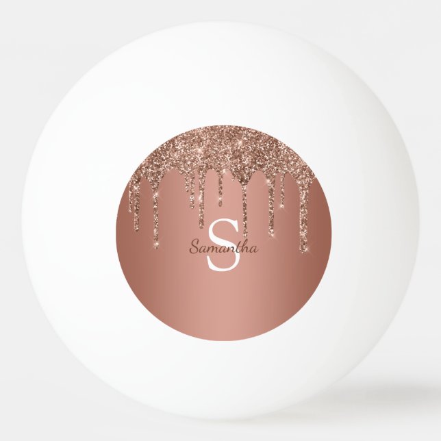 Roséguld Glitter Gnistrande Dropar Monogram Namn Pingisboll (Framsidan)