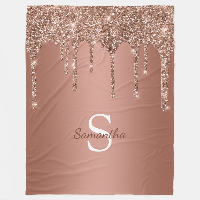 Roséguld glitter gnistrande dropp monogramnamn fleecefilt (Framsidan)