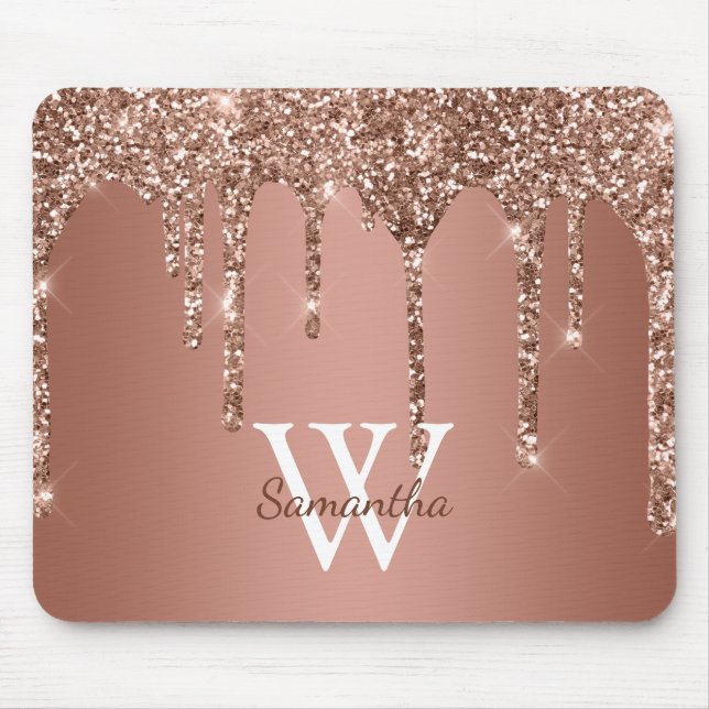 Roséguld glitter gnistrande dropp monogramnamn musmatta (Framsidan)